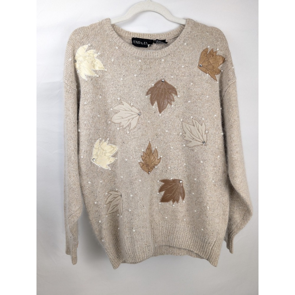 Vintage 90s Silk Angora Fall Leaf Sweater Size L Tan Cottagecore Granny Retro